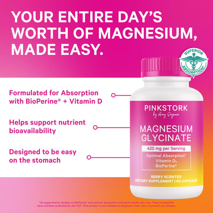 Pink Stork Magnesium Glycinate with Vitamin D for Women | 60 Capsules Berry Essence