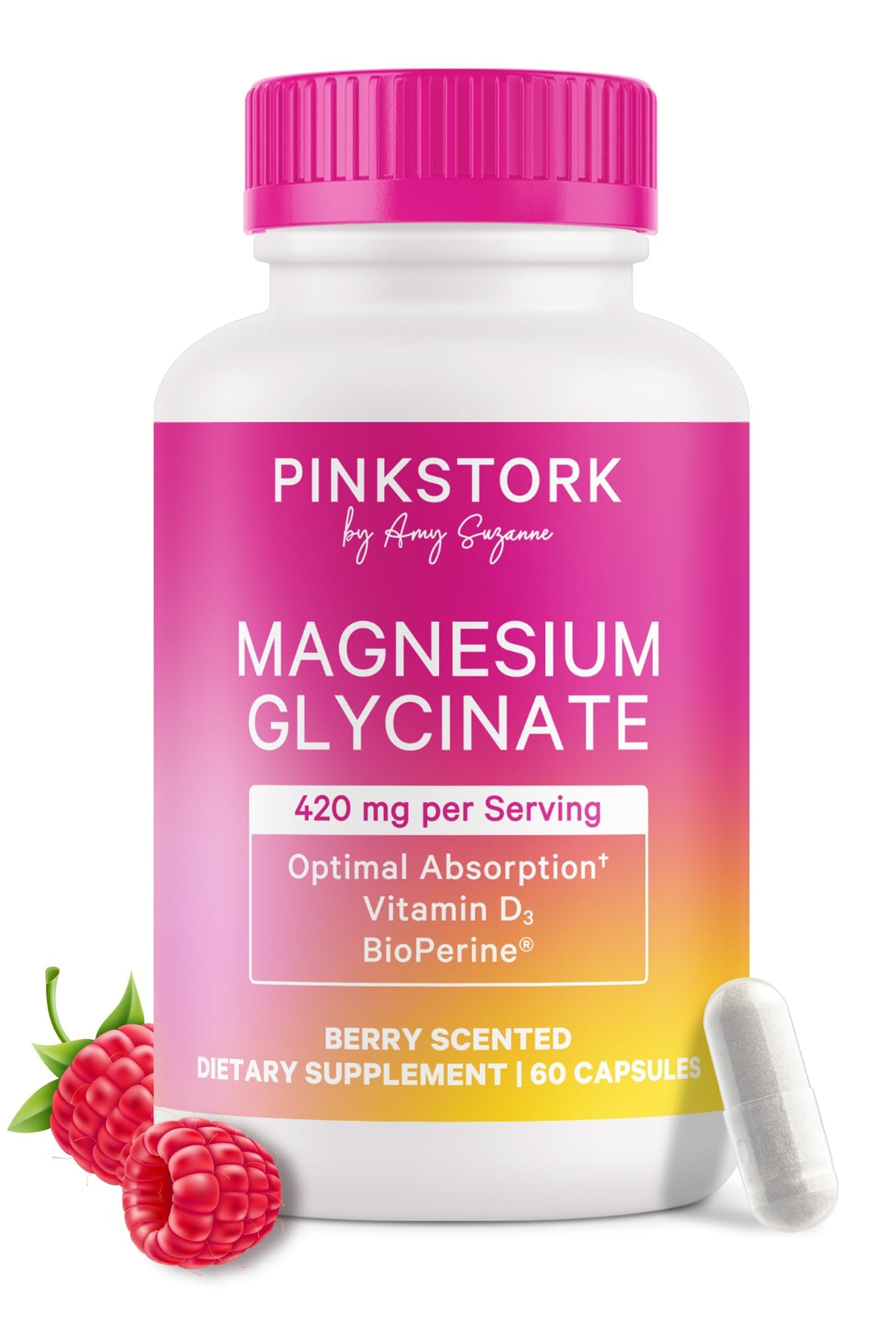 Pink Stork Magnesium Glycinate with Vitamin D for Women | 60 Capsules Berry Essence