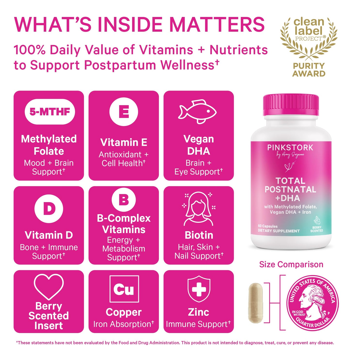 Pink Stork Total Postnatal Vitamins – Vegan DHA, Iron, Folate & B12 | 1 Month Supply