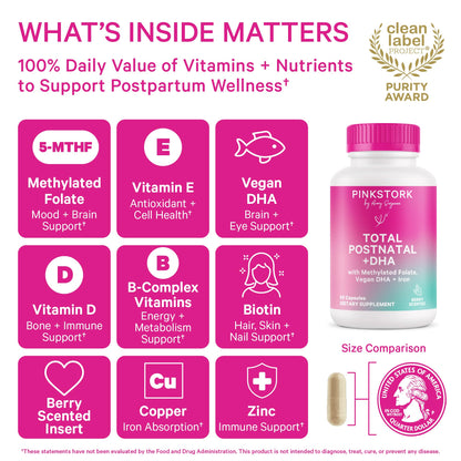 Pink Stork Total Postnatal Vitamins – Vegan DHA, Iron, Folate & B12 | 1 Month Supply