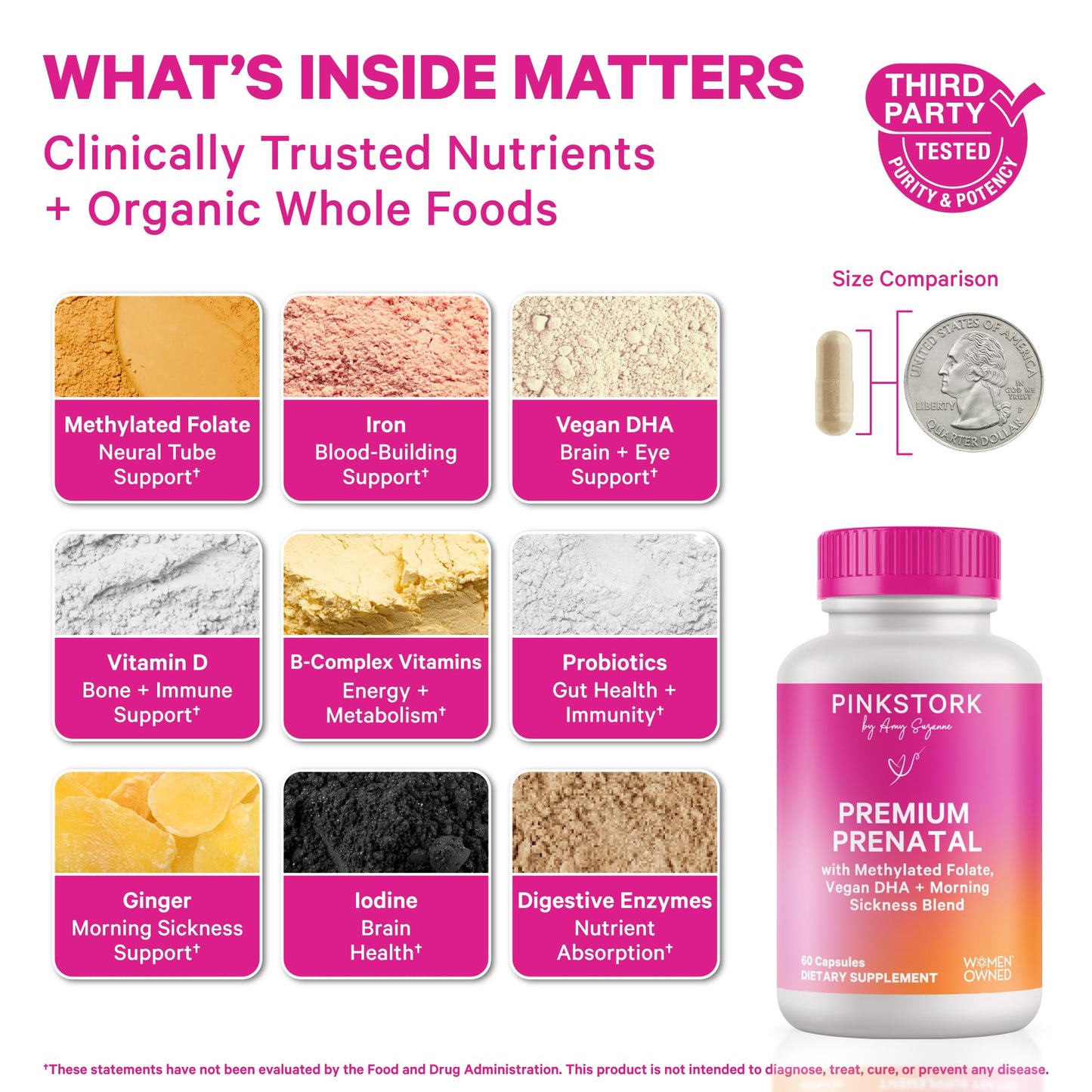 Pink Stork Premium Prenatal Vitamins – Organic Whole-Food Blend with Methylated Folate, Choline & Vegan DHA