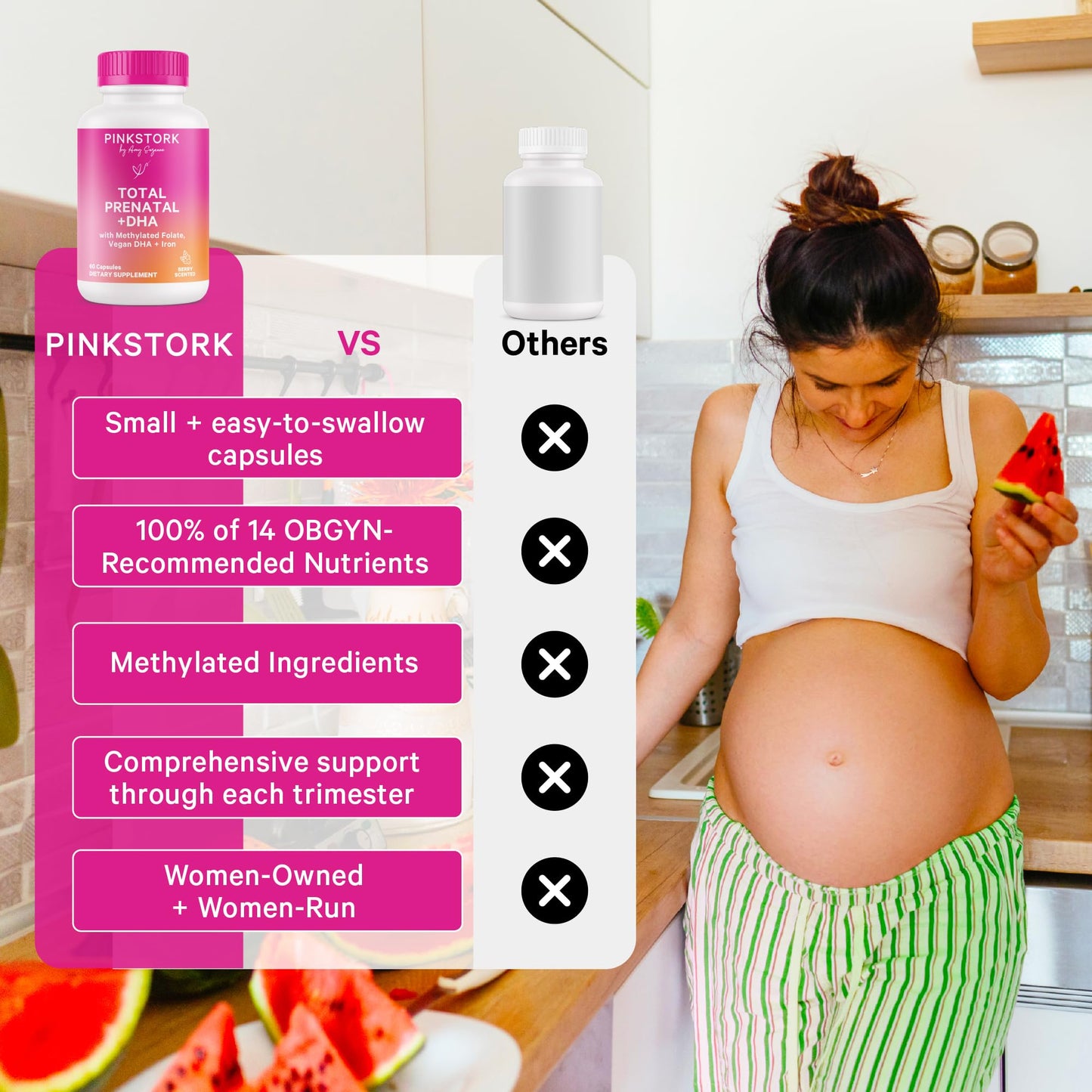 Pink Stork Total Prenatal Vitamins with DHA – Berry Essence, 60 Capsules