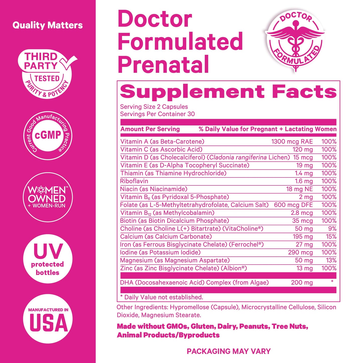 Pink Stork Total Prenatal Vitamins with DHA – Berry Essence, 60 Capsules