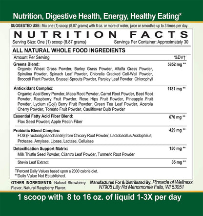 Pinnacle of Wellness Organic Green Superfood Powder – Berry, 30 Servings (9.5 oz)