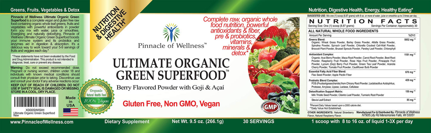 Pinnacle of Wellness Organic Green Superfood Powder – Berry, 30 Servings (9.5 oz)