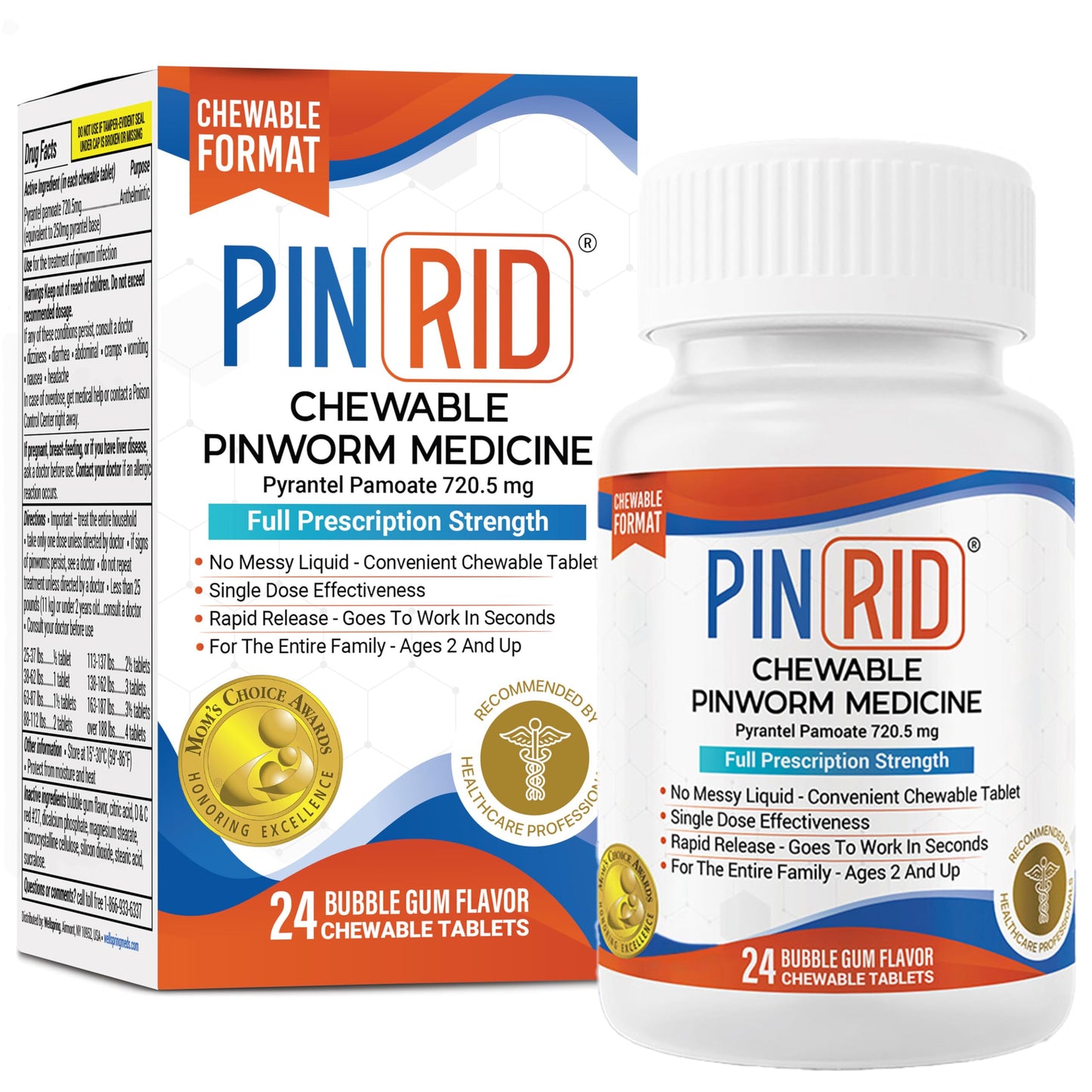 PIN RID Pinworm Medicine for Family 2+ | Bubble Gum Chewables 250mg