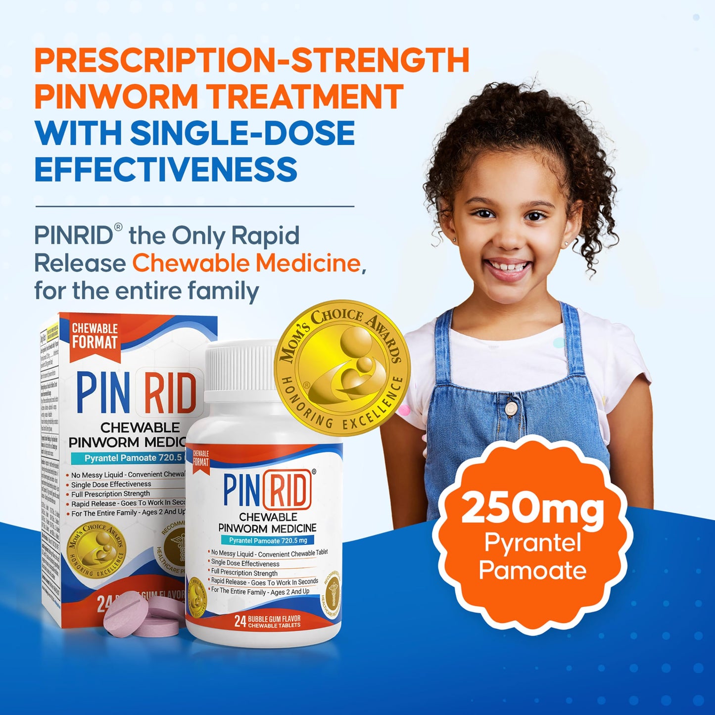 PIN RID Pinworm Medicine for Family 2+ | Bubble Gum Chewables 250mg
