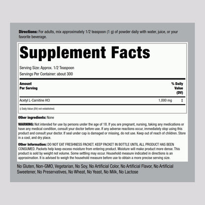 Piping Rock Acetyl L-Carnitine Powder 300g - ALCAR HCl, Non-GMO, Gluten Free