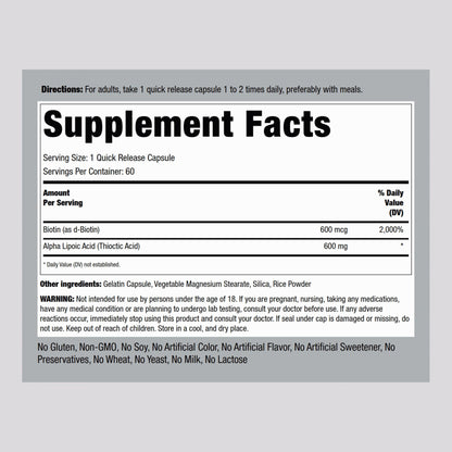 Piping Rock Alpha Lipoic Acid 600mg with Biotin Optimizer | 60 Capsules | Non-GMO Gluten Free | Pack of 2