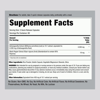 Piping Rock Ashwagandha 4500mg | 240 Capsules | Black Pepper | Non-GMO & Gluten Free
