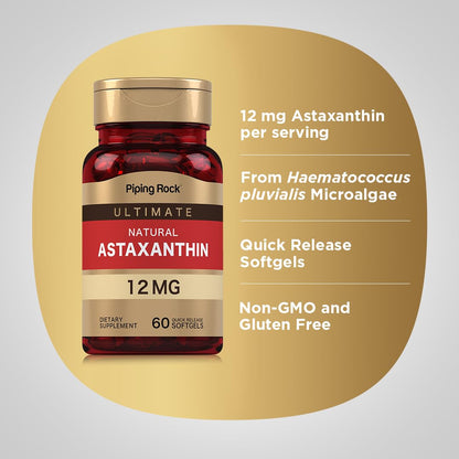 Piping Rock Astaxanthin 12mg | 60 Softgel Capsules | Extract Supplement | Gluten Free, Non-GMO