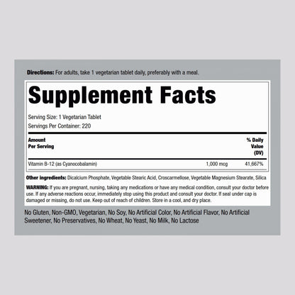 Piping Rock Vitamin B12 1000 mcg – 220 Tablets | Cyanocobalamin | Vegetarian, Non-GMO, Gluten Free | Pack of 2