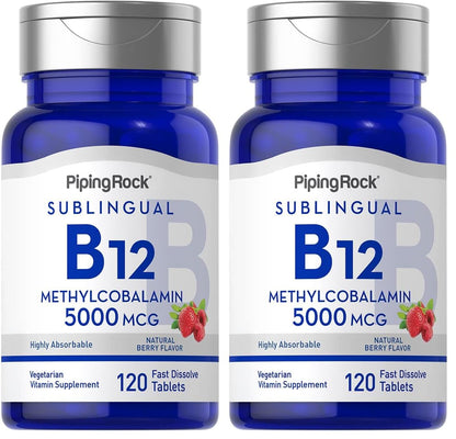Piping Rock B12 Vitamin 5000 mcg – 120 Sublingual Tablets (Berry Flavor) | Vegetarian, Non-GMO
