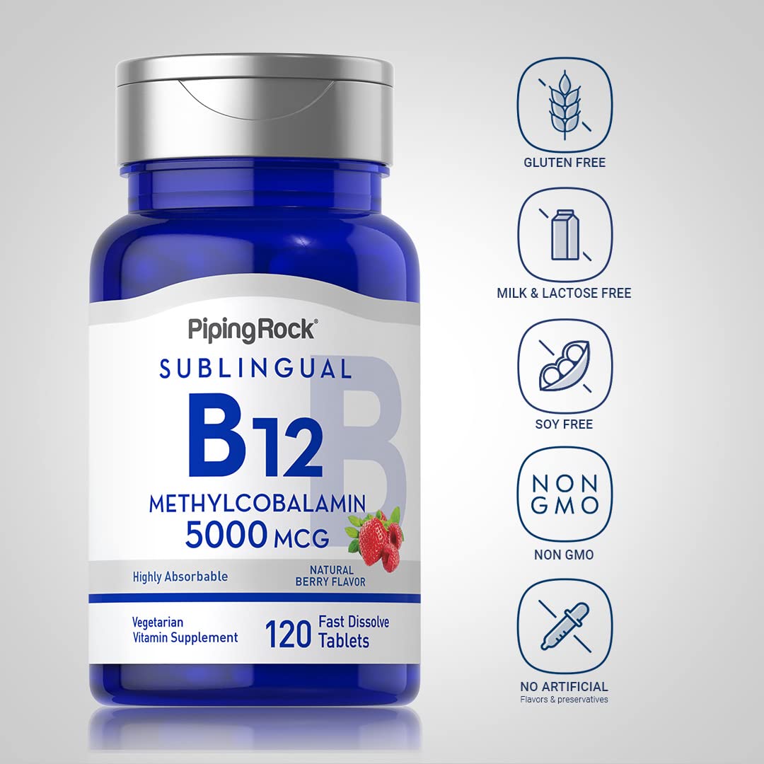 Piping Rock B12 Vitamin 5000 mcg – 120 Sublingual Tablets (Berry Flavor) | Vegetarian, Non-GMO