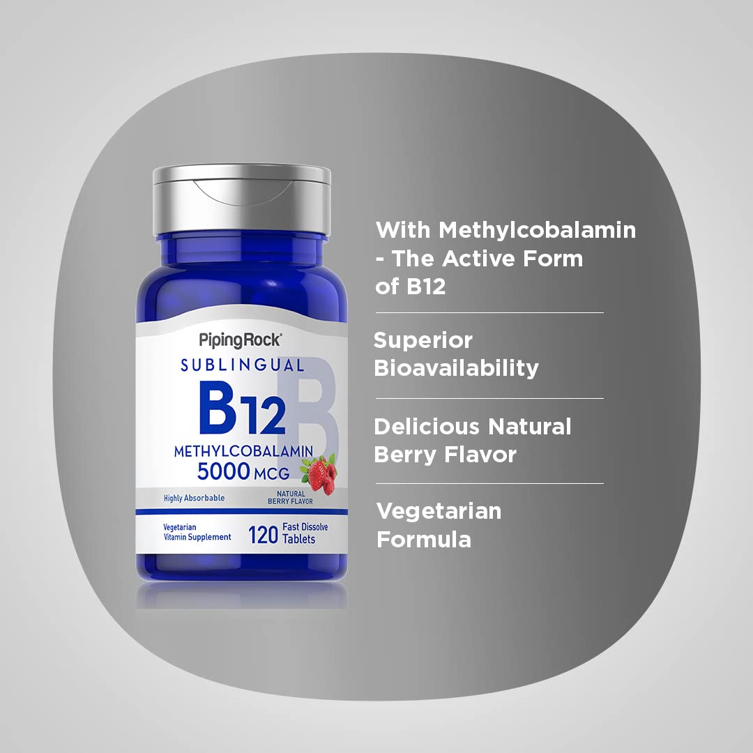 Piping Rock B12 Vitamin 5000 mcg – 120 Sublingual Tablets (Berry Flavor) | Vegetarian, Non-GMO