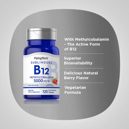 Piping Rock B12 Vitamin 5000 mcg – 120 Sublingual Tablets (Berry Flavor) | Vegetarian, Non-GMO