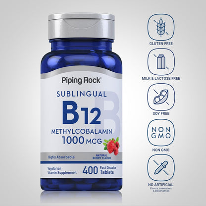 Piping Rock Vitamin B12 Sublingual Tablets 1000 mcg – Berry, 400 Pills (Pack of 2)