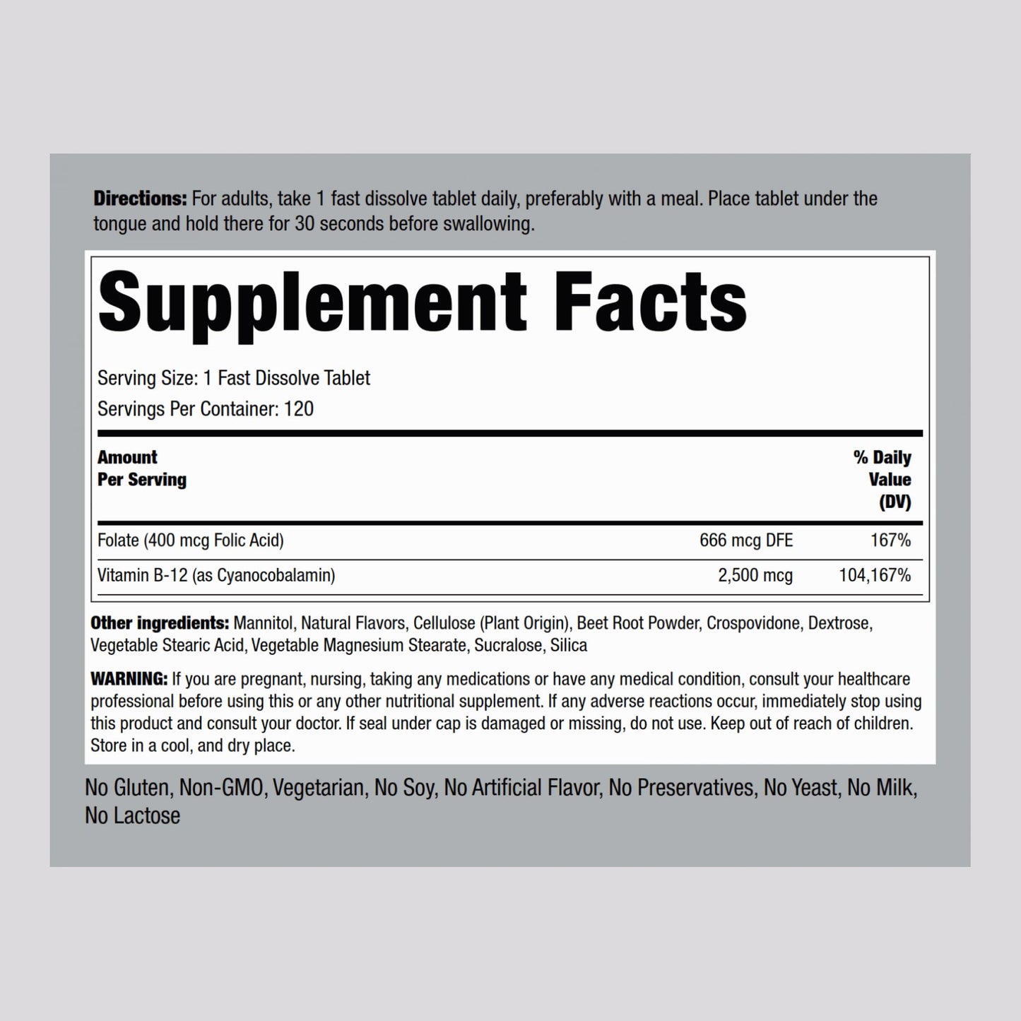 Piping Rock Vitamin B12 Sublingual 2500 mcg – 120 Tablets with Folic Acid, Berry Flavor | Vegetarian, Non-GMO, Gluten Free | Pack of 2