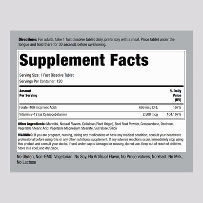Piping Rock Vitamin B12 Sublingual 2500 mcg – 120 Tablets with Folic Acid, Berry Flavor | Vegetarian, Non-GMO, Gluten Free | Pack of 2