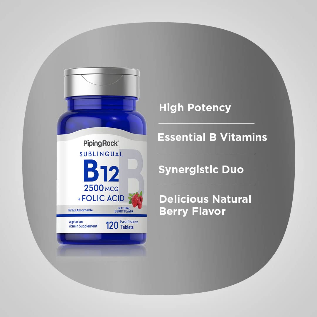 Piping Rock Vitamin B12 Sublingual 2500 mcg – 120 Tablets with Folic Acid, Berry Flavor | Vegetarian, Non-GMO, Gluten Free | Pack of 2