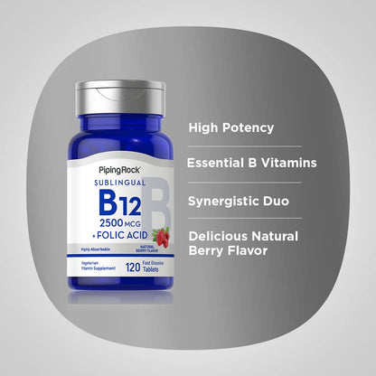 Piping Rock Vitamin B12 Sublingual 2500 mcg – 120 Tablets with Folic Acid, Berry Flavor | Vegetarian, Non-GMO, Gluten Free | Pack of 2
