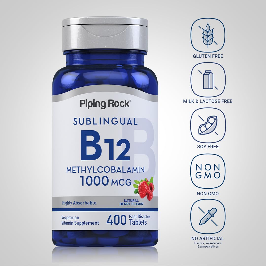 Piping Rock Vitamin B12 Sublingual 1000 mcg | Berry Flavor, 400 Tablets