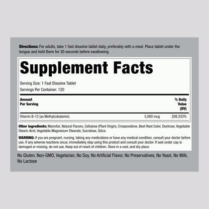 Piping Rock B12 Vitamin 5000 mcg – 120 Sublingual Tablets (Berry Flavor) | Vegetarian, Non-GMO