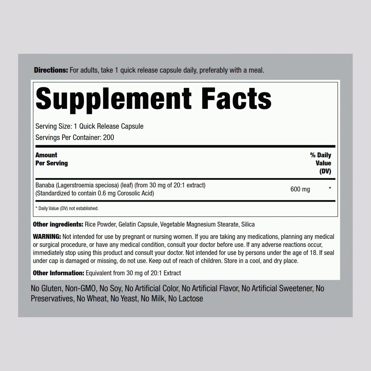 Piping Rock Banaba Leaf Extract Capsules 600mg - 200 Count | Corosolic Acid