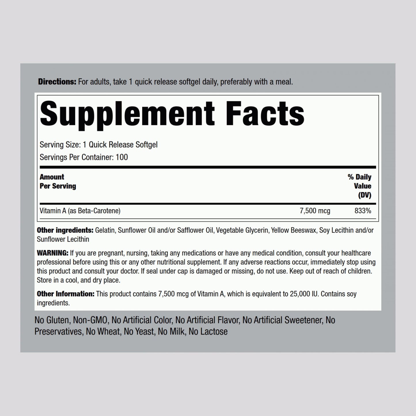 Piping Rock Beta Carotene 25,000 IU Softgels – 100 Count | Non-GMO, Gluten Free