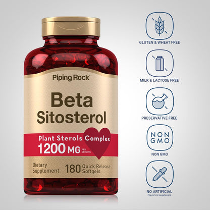 Piping Rock Beta Sitosterol for Men – 1200 mg, 180 Softgels | Plant Sterols Complex, Non-GMO, Gluten Free (Pack of 2)