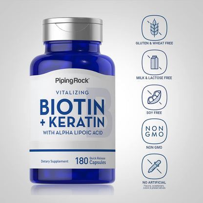 Piping Rock Biotin 5000mcg Supplement – 180 Capsules – Keratin & Alpha Lipoic Acid – Non-GMO, Gluten Free (Pack of 2)