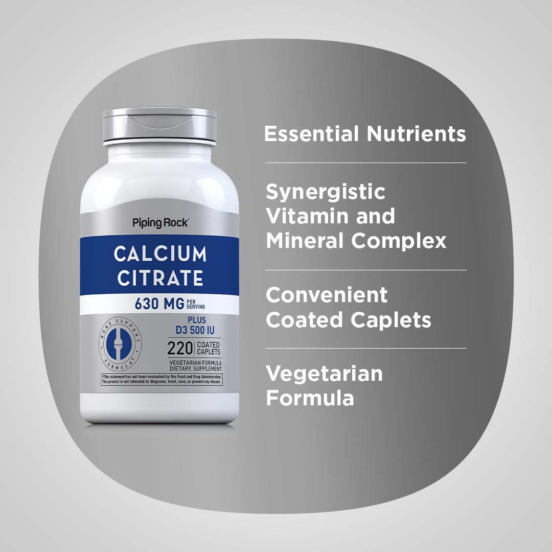Piping Rock Calcium Citrate with Vitamin D3 - 630 mg, 220 Caplets (Pack of 2) | Vegetarian, Non-GMO, Gluten Free