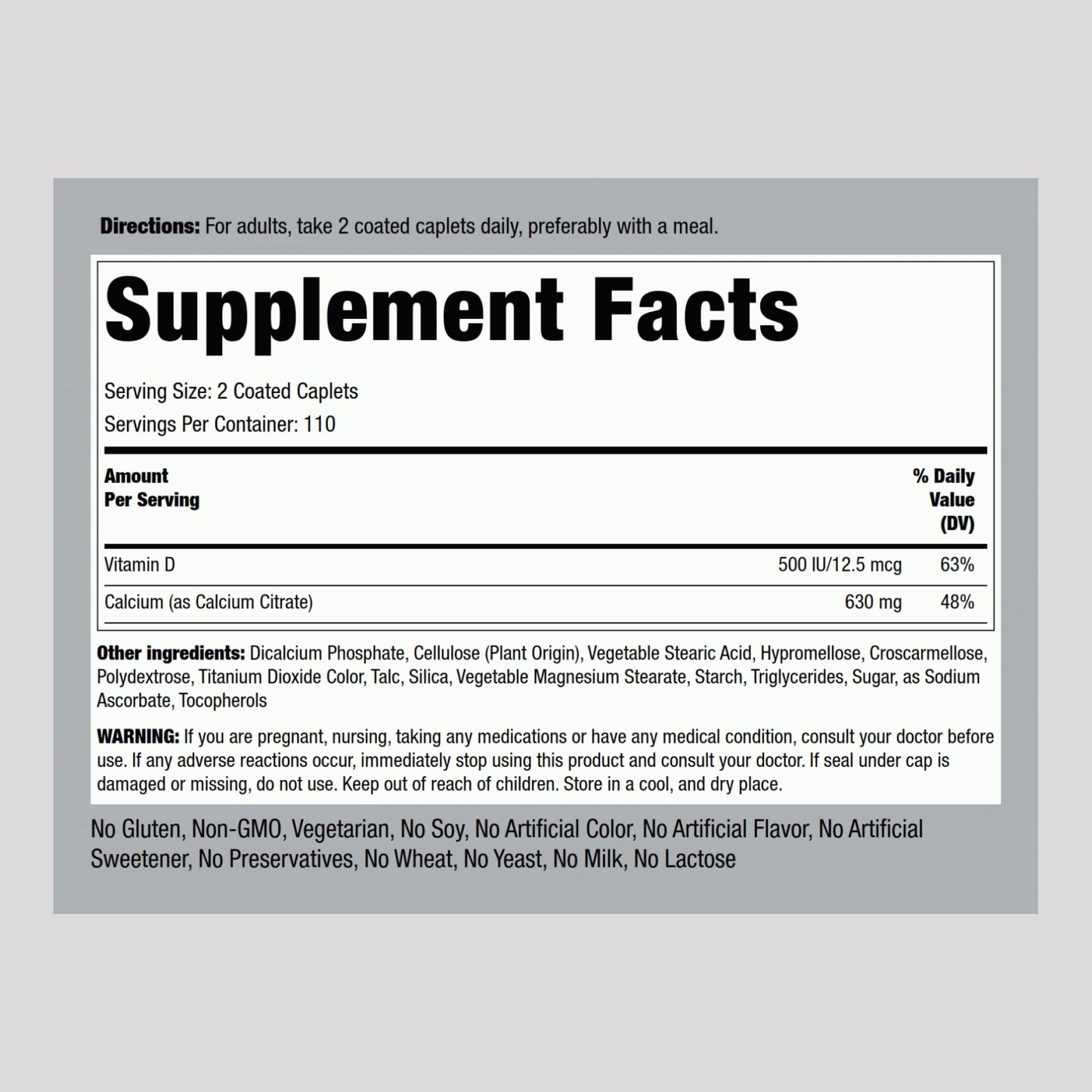 Piping Rock Calcium Citrate with Vitamin D3 - 630 mg, 220 Caplets (Pack of 2) | Vegetarian, Non-GMO, Gluten Free
