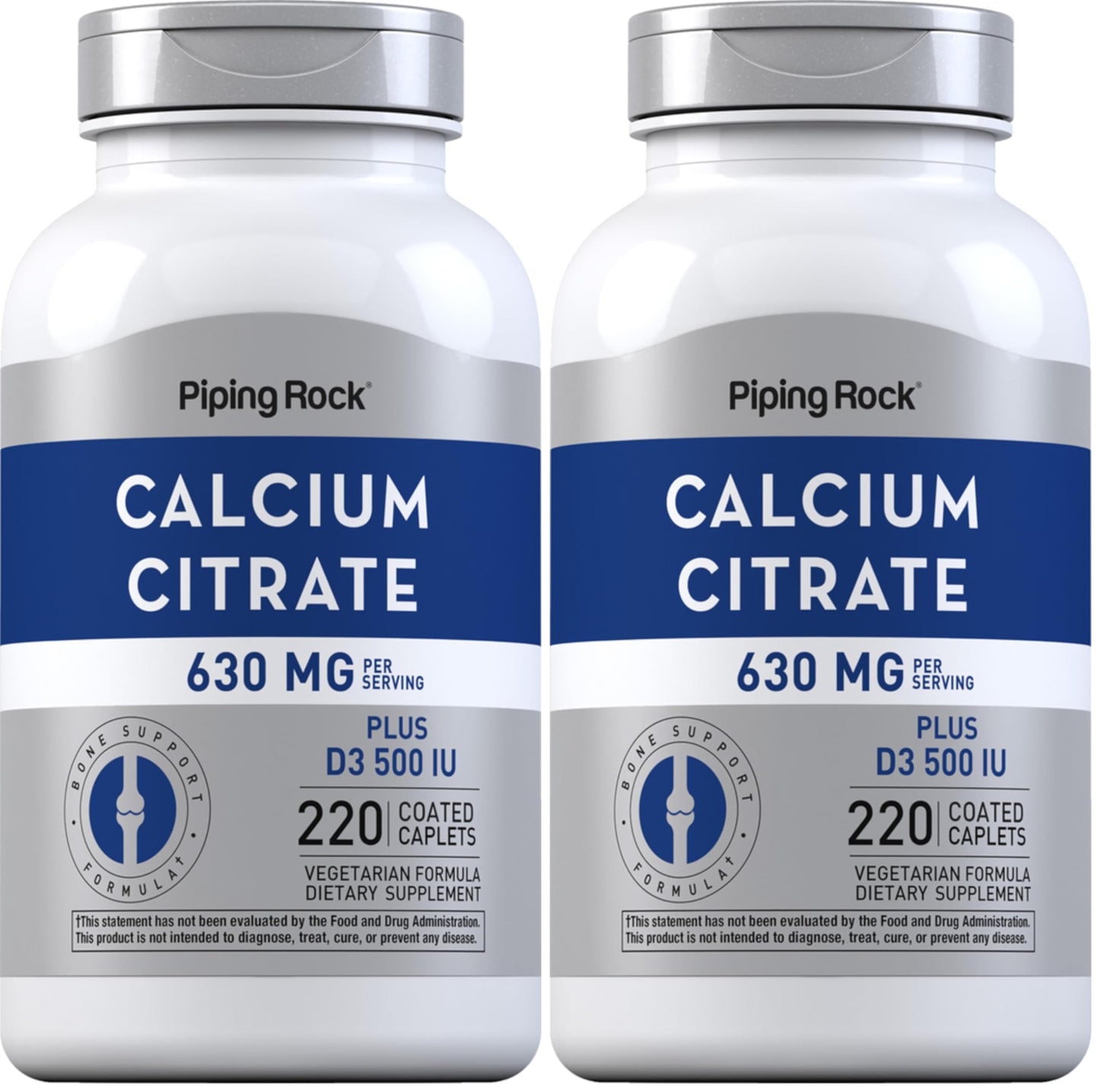 Piping Rock Calcium Citrate with Vitamin D3 - 630 mg, 220 Caplets (Pack of 2) | Vegetarian, Non-GMO, Gluten Free
