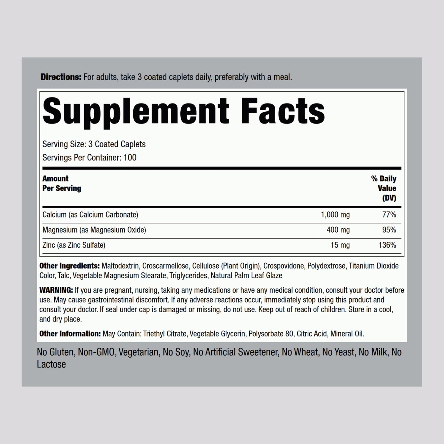 Piping Rock Calcium Magnesium Zinc Supplement – 300 Coated Caplets | Pack of 2 | Non-GMO, Gluten Free