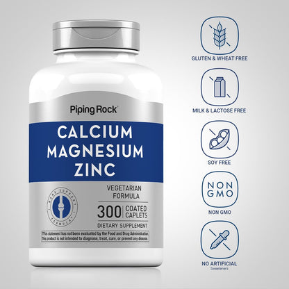 Piping Rock Calcium Magnesium Zinc Supplement – 300 Coated Caplets | Pack of 2 | Non-GMO, Gluten Free