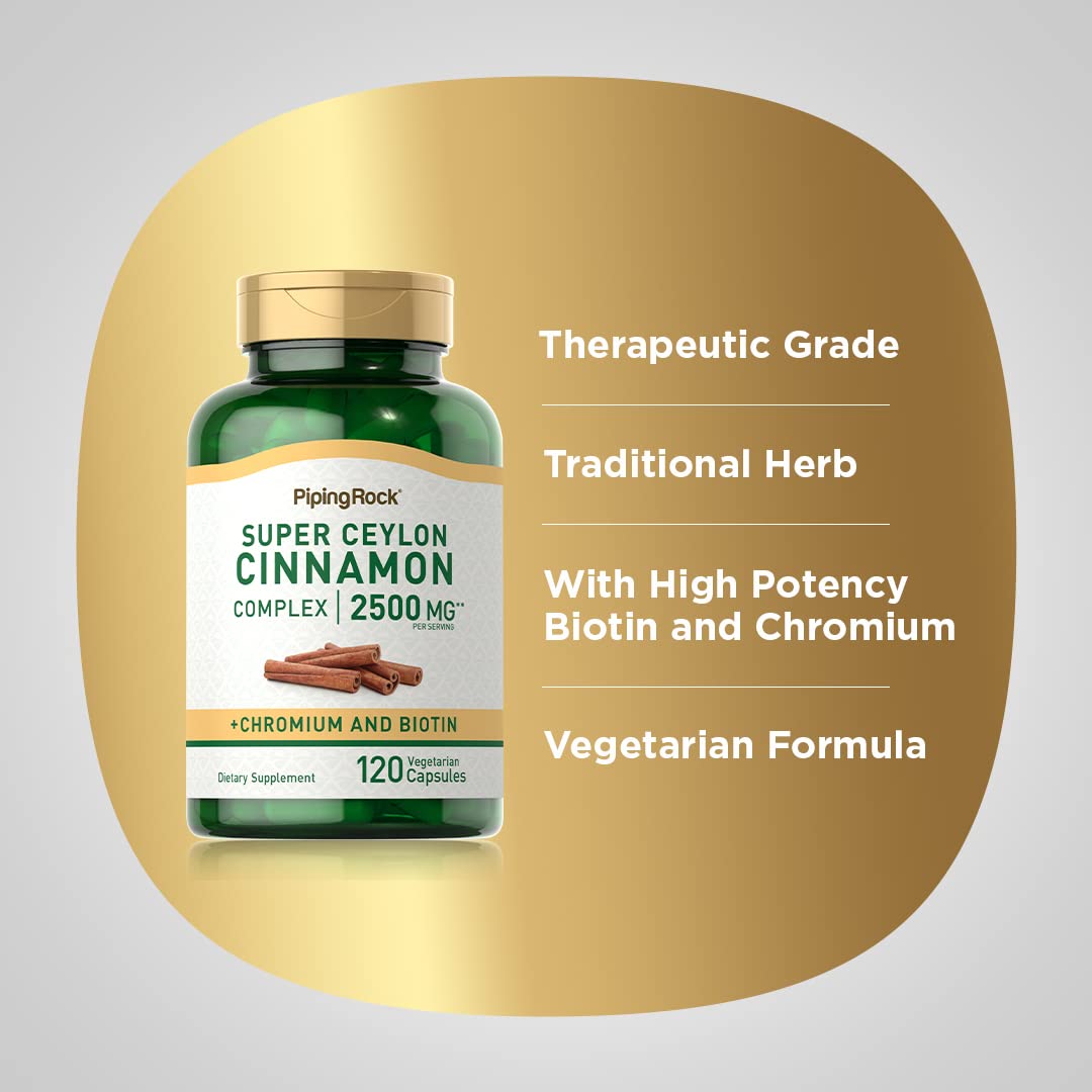 Piping Rock Ceylon Cinnamon Capsules 2500 mg – 120 Pills | Chromium & Biotin | Vegetarian, Non-GMO, Gluten Free (Pack of 2)