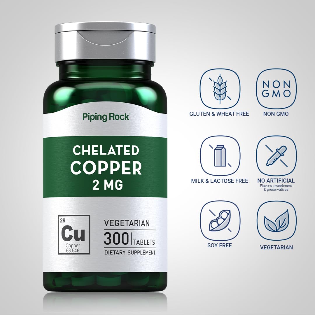 Piping Rock Chelated Copper 2 mg - 300 Tablets - Vegetarian, Non-GMO, Gluten Free (Pack of 2)
