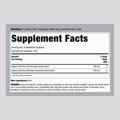 Piping Rock Chlorella Spirulina Organic – 500 Tablets (Pack of 2) | Vegetarian, Non-GMO, Gluten Free