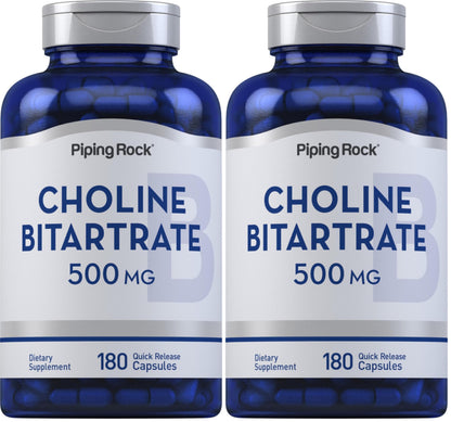 Piping Rock Choline Bitartrate 500mg – 180 Caps – Pack of 2 – Non-GMO, Gluten Free