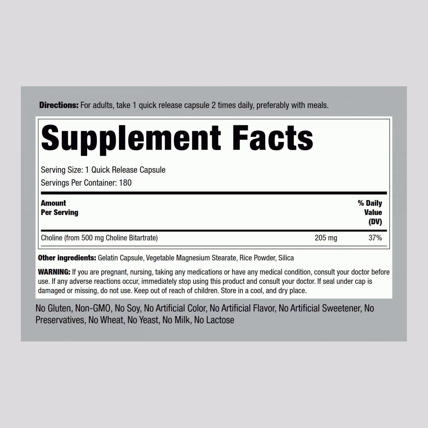 Piping Rock Choline Bitartrate 500mg – 180 Caps – Pack of 2 – Non-GMO, Gluten Free