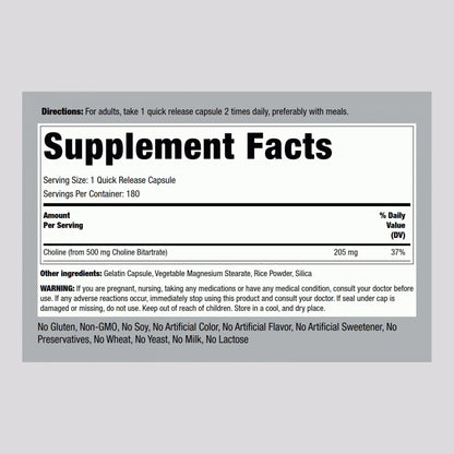 Piping Rock Choline Bitartrate 500mg – 180 Caps – Pack of 2 – Non-GMO, Gluten Free