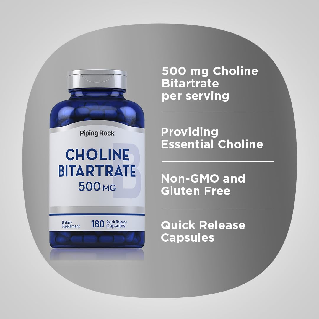 Piping Rock Choline Bitartrate 500mg – 180 Caps – Pack of 2 – Non-GMO, Gluten Free