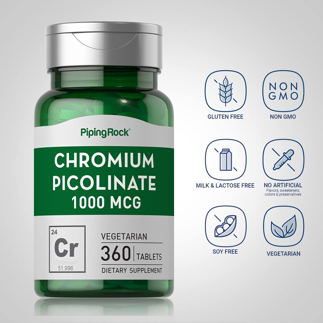 Piping Rock Chromium Picolinate 1000mcg - 360 Tablets | Vegetarian, Non-GMO, Gluten Free | Pack of 2