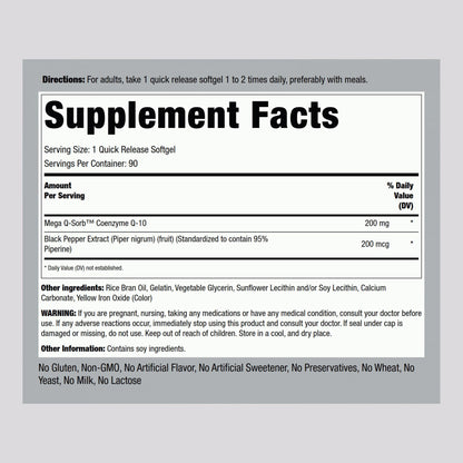 Piping Rock CoQ10 200mg Softgels – 90 Count (Pack of 2) | Non-GMO, Gluten Free
