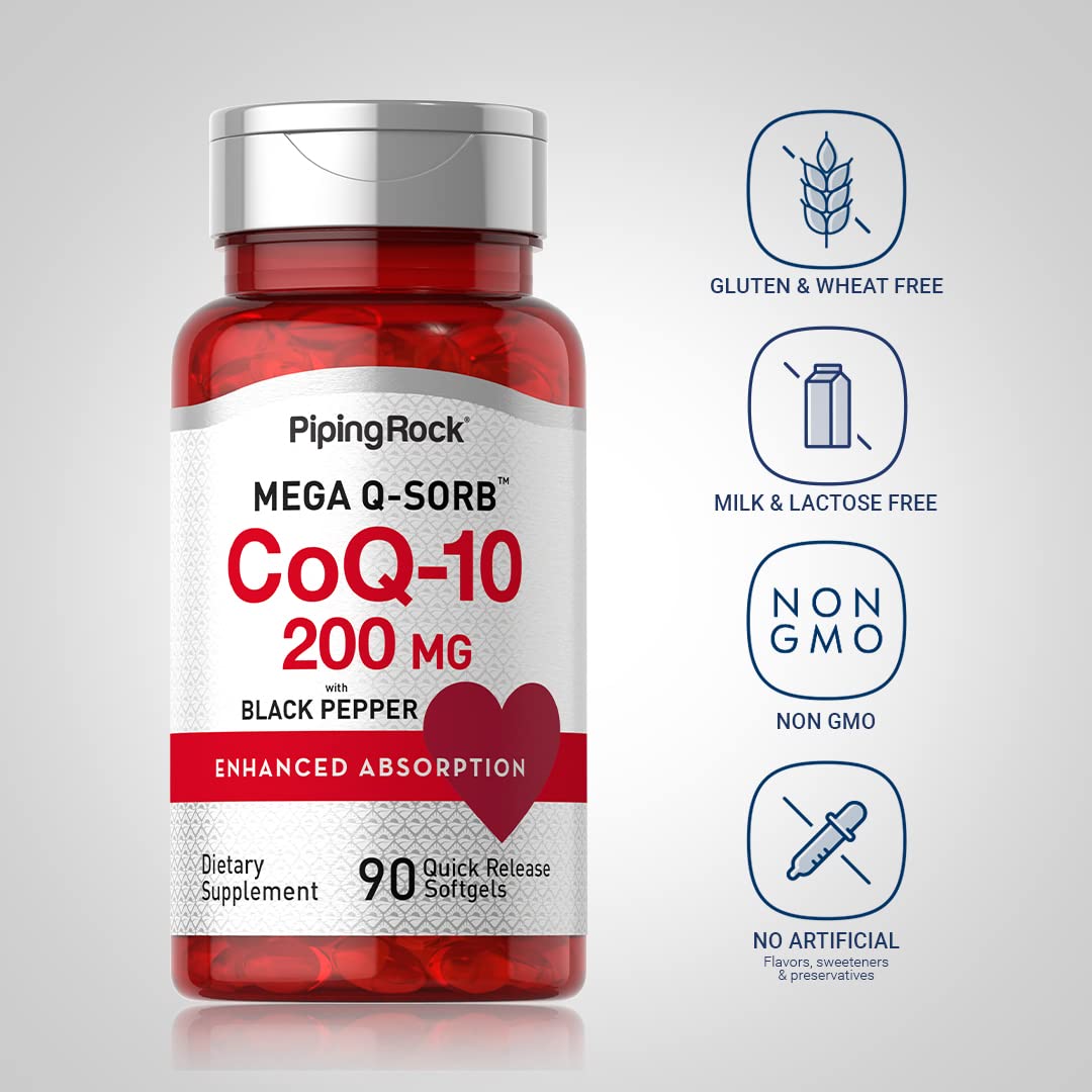 Piping Rock CoQ10 200mg Softgels – 90 Count (Pack of 2) | Non-GMO, Gluten Free