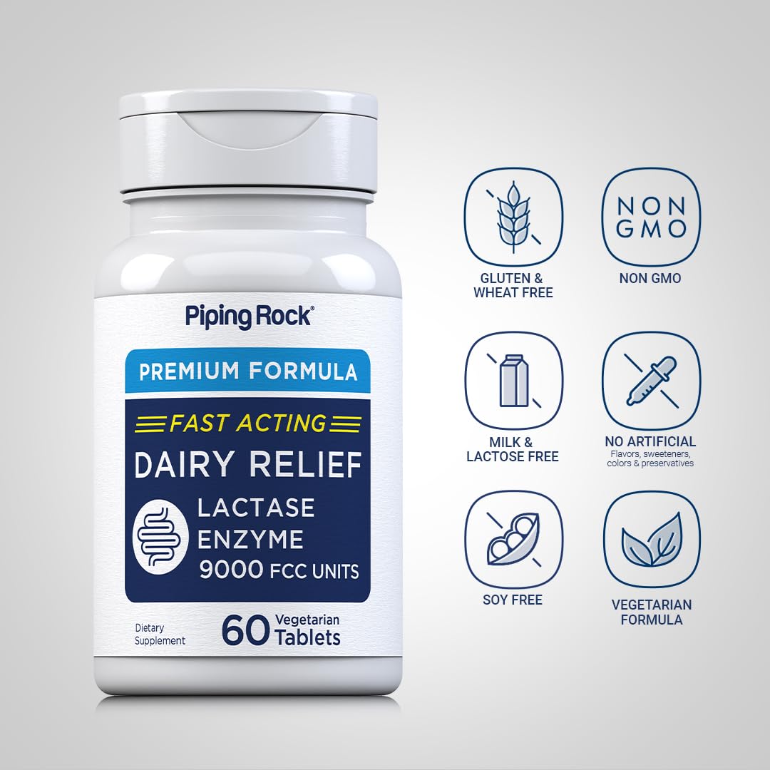 Piping Rock Lactase Pills 9000 FCC – Dairy Relief, Vegetarian, Non-GMO, Gluten Free (Pack of 2)