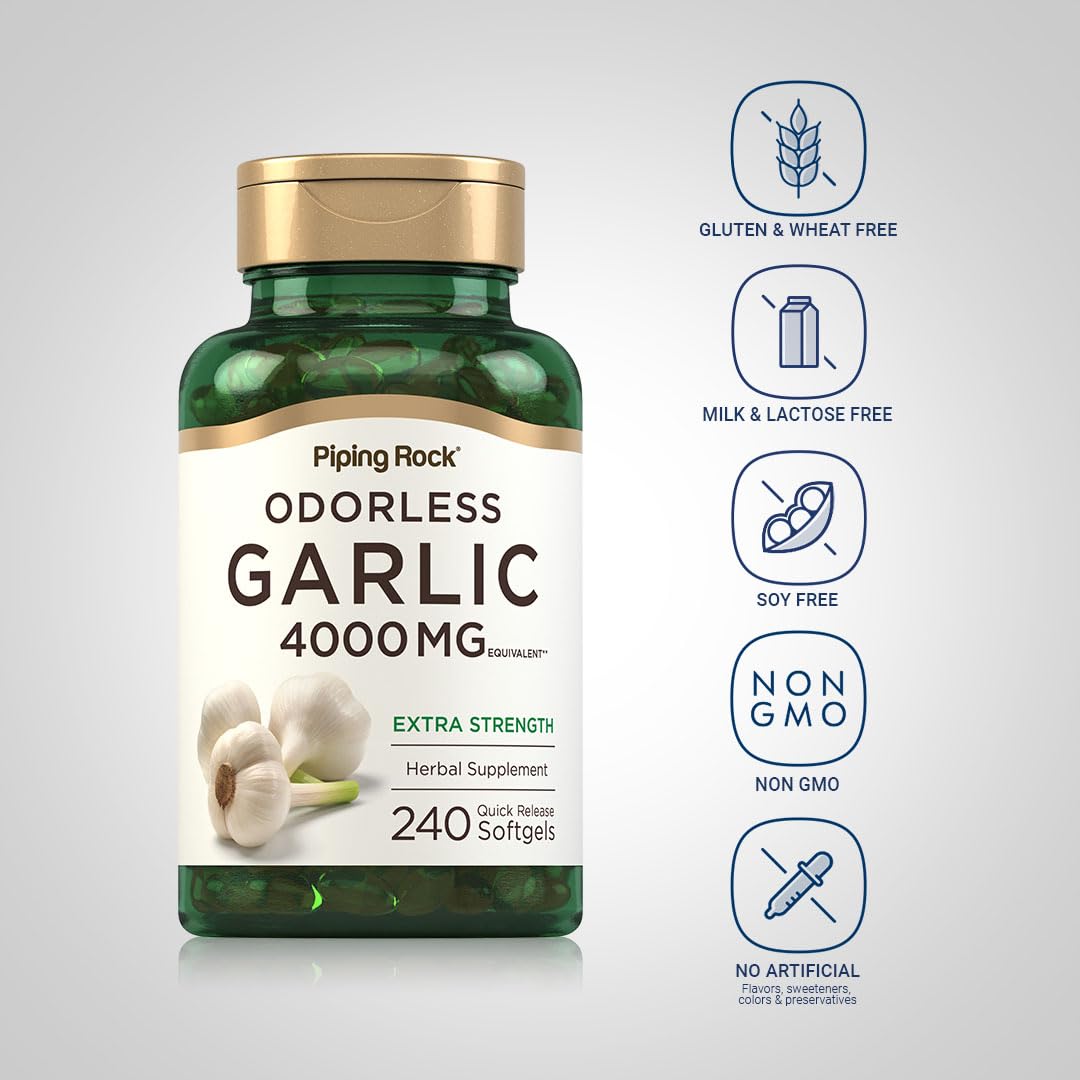 Piping Rock Odorless Garlic Softgels – 4000mg, 240 Count | Extra Strength | Non-GMO & Gluten Free
