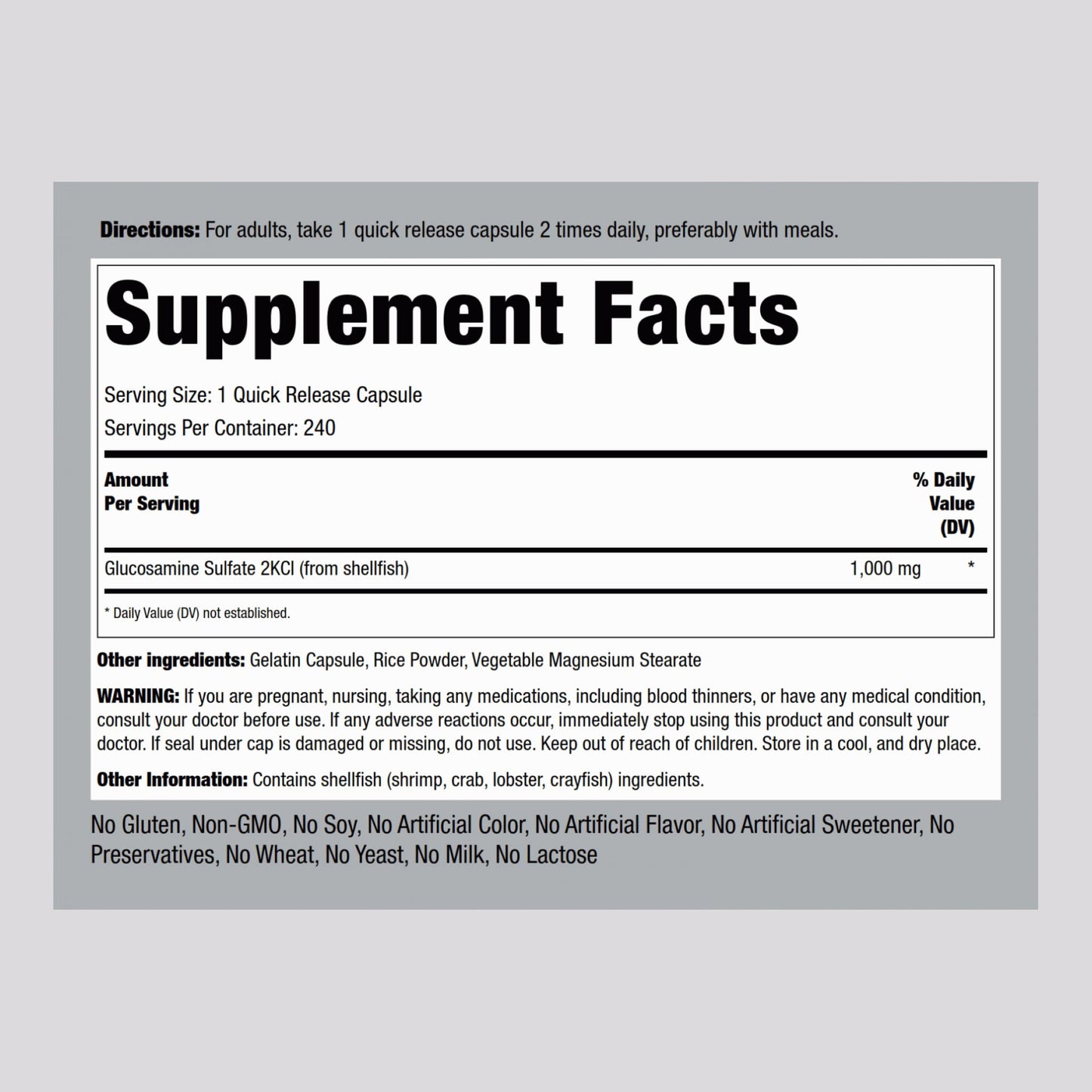 Piping Rock Glucosamine Sulfate 1000mg – 240 Capsules | Mega Strength Joint Support | Sodium Free, Non-GMO & Gluten Free