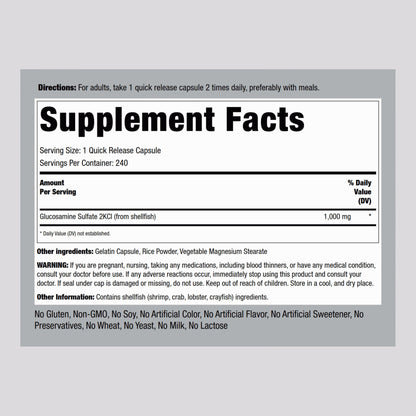 Piping Rock Glucosamine Sulfate 1000mg – 240 Capsules | Mega Strength Joint Support | Sodium Free, Non-GMO & Gluten Free